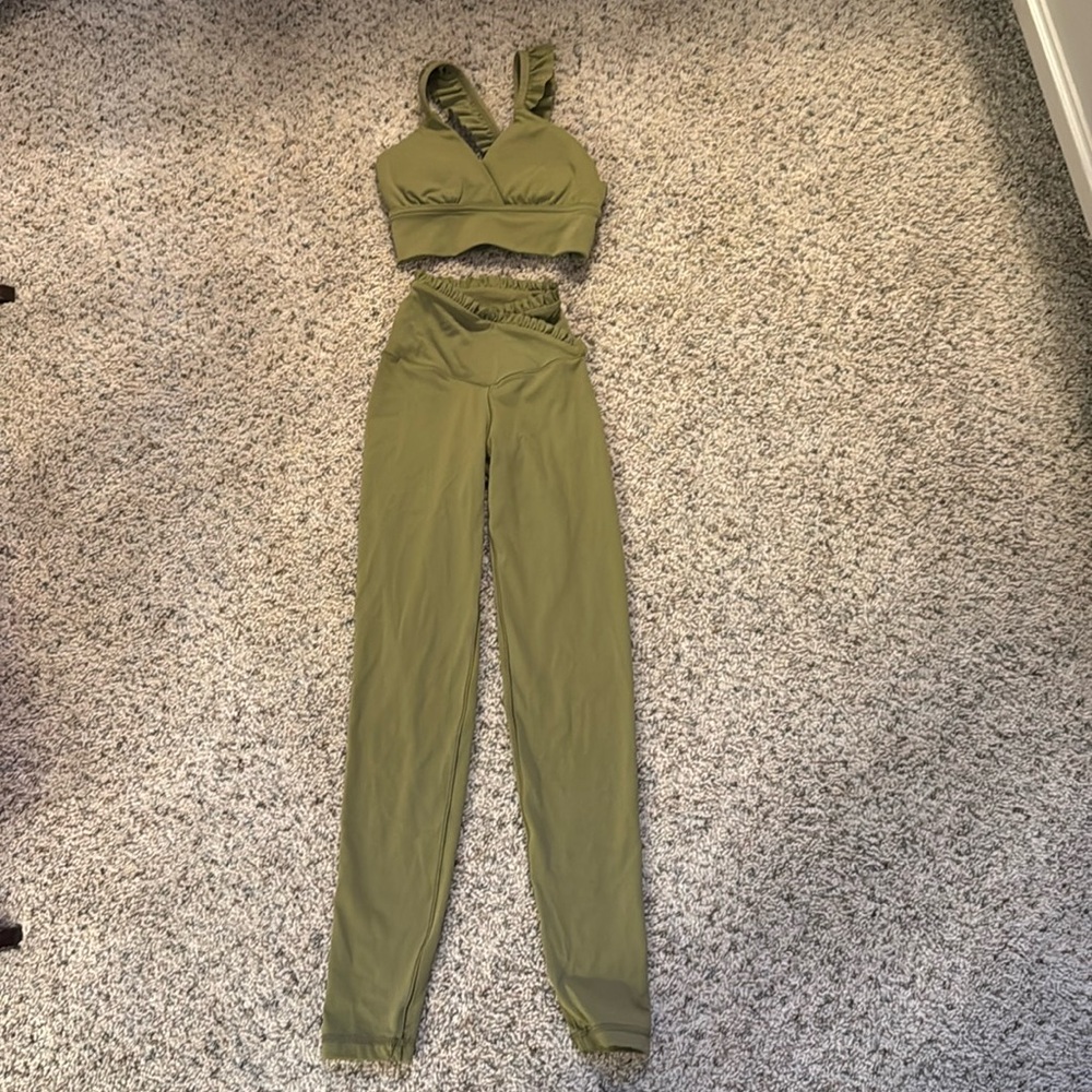 Aerie olive green ruffle two-piece set